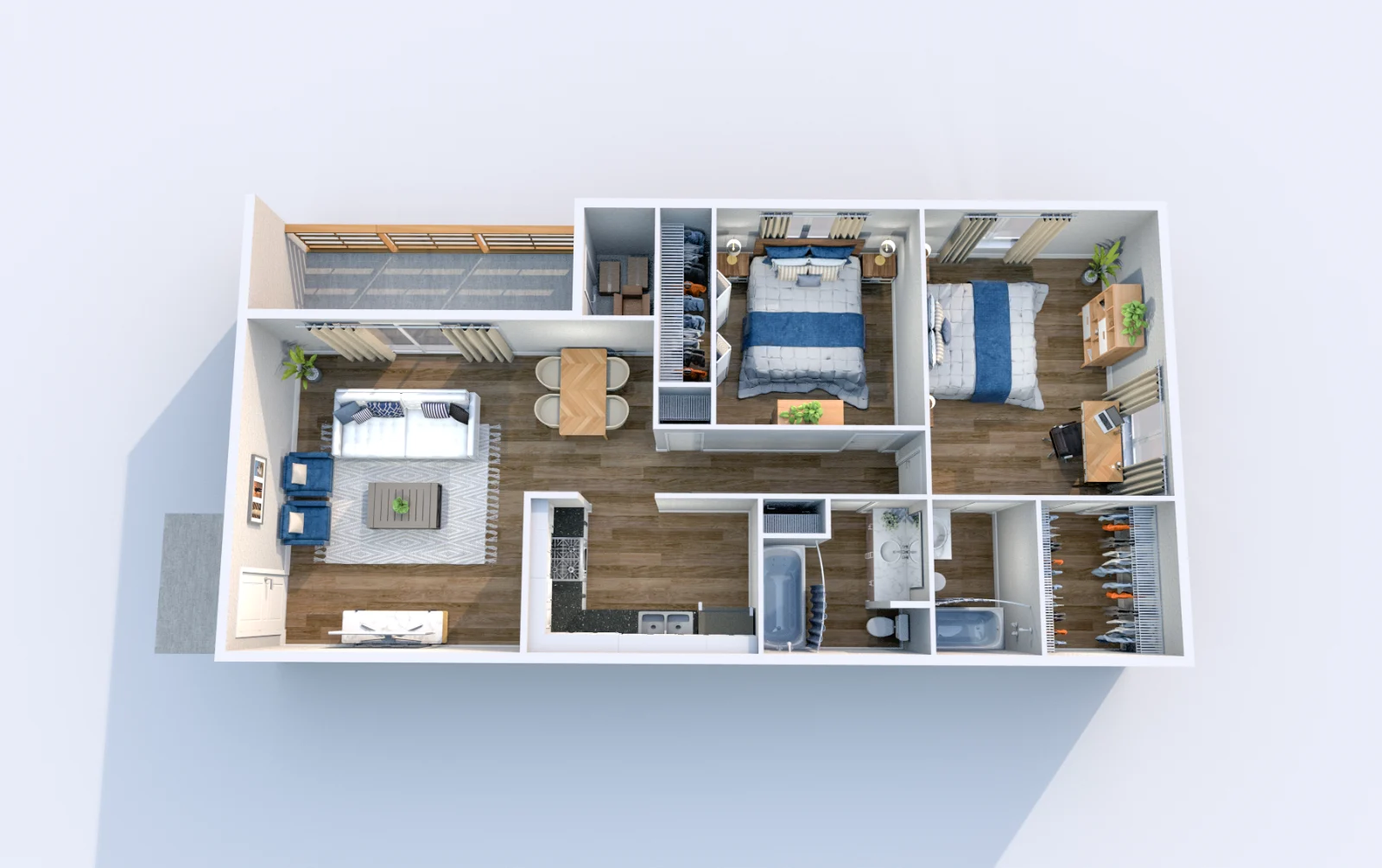 Brickyard Flats — floor plan, Plan B2 · 2 bed · 2 baths · 1,002 sq ft